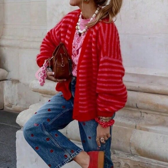 Red Casual Women's Striped Long Sleeve Cardigan - Picture 2 of 8